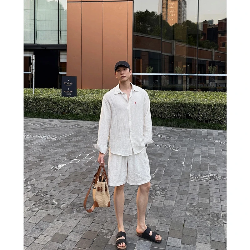 夏季松弛感轻奢老钱慵懒风亚麻长袖衬衫套装男潮牌直筒短裤两件套