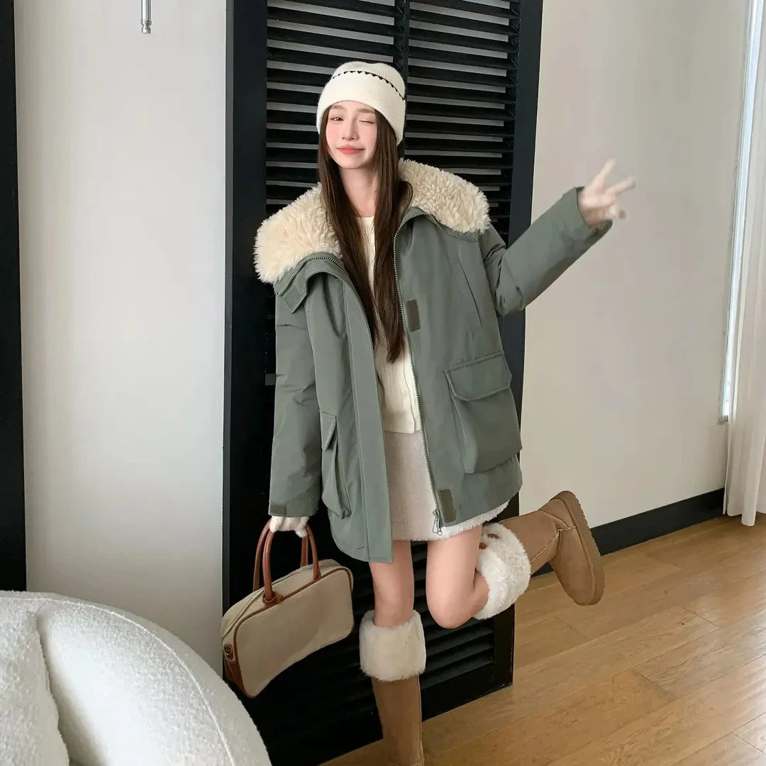 羊羔毛拼接棉服2025冬季新款韩版宽松加厚派克服保暖工装棉服外套