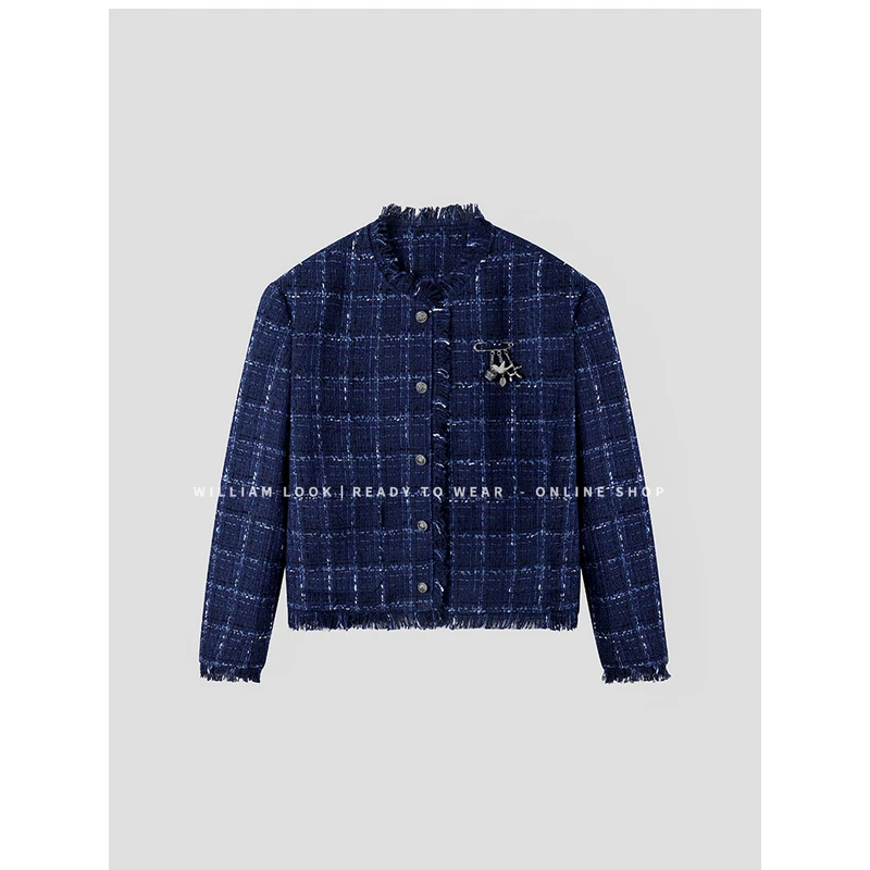 威廉威 男女同款【粗花呢夹克】蓝色格子纹理小香无领毛边外套C690