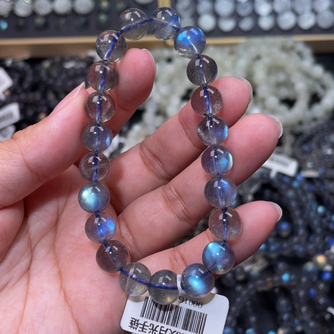 拉长石手链未镶嵌黑*?纯蓝光灰月光手链9mm