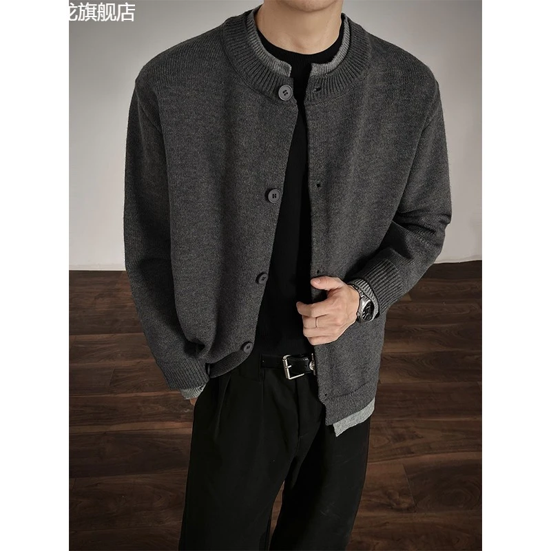老钱风假两件毛衣男开衫纽扣设计感加厚冬季潮牌青年针织衫外套