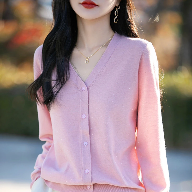 秋季新款珠片V领经典百搭时尚针织开衫长袖上衣女