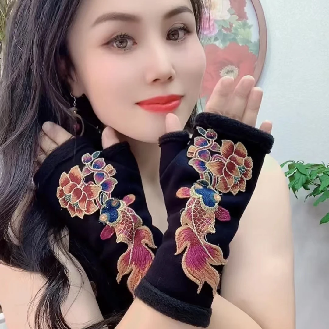 民族风刺绣花半指手套女秋冬季保暖加绒加厚漏指针织手袖套0733