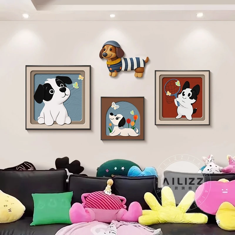 中古多巴胺小狗客厅装饰画卡通趣味组合壁画奶油风沙发背景墙挂画
