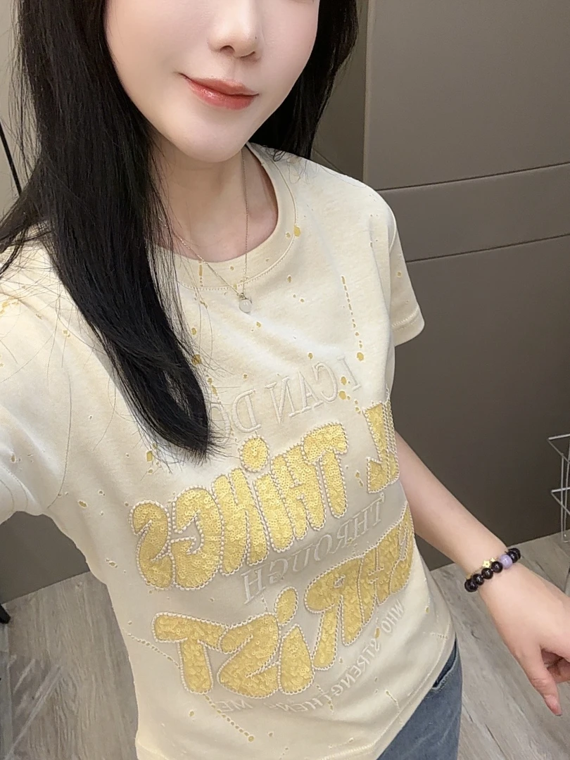 重工刺绣 2025早春新款圆领短袖 T恤女修身显瘦时尚百搭