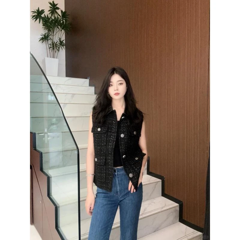 【商场同款】2025秋季新款时尚拼接小香风粗花呢无袖翻领马甲外套女