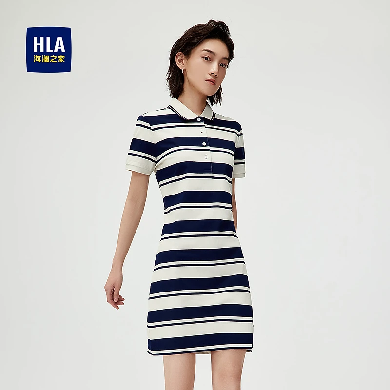 【复古学院风】HLA海澜之家POLO裙女装25新条纹修身裙子女夏