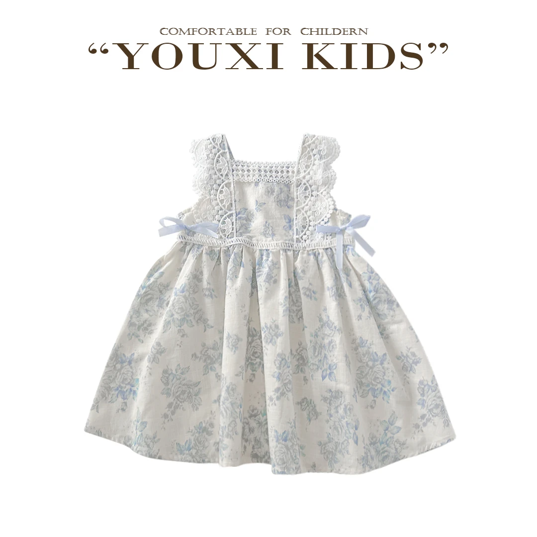 现飞飞家·玫瑰信笺夏季女童甜美蝴蝶结气质蕾丝花边背心裙 FF2786