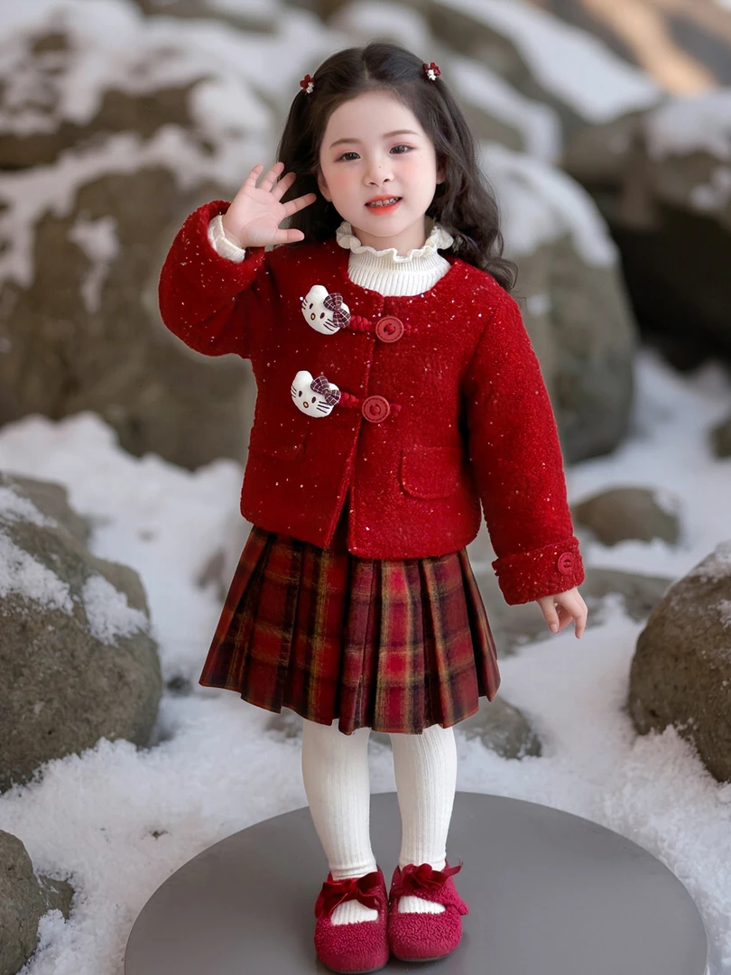 女童小香风套装秋冬季2025新款棉服公主裙洋气女宝宝厚款三件套潮