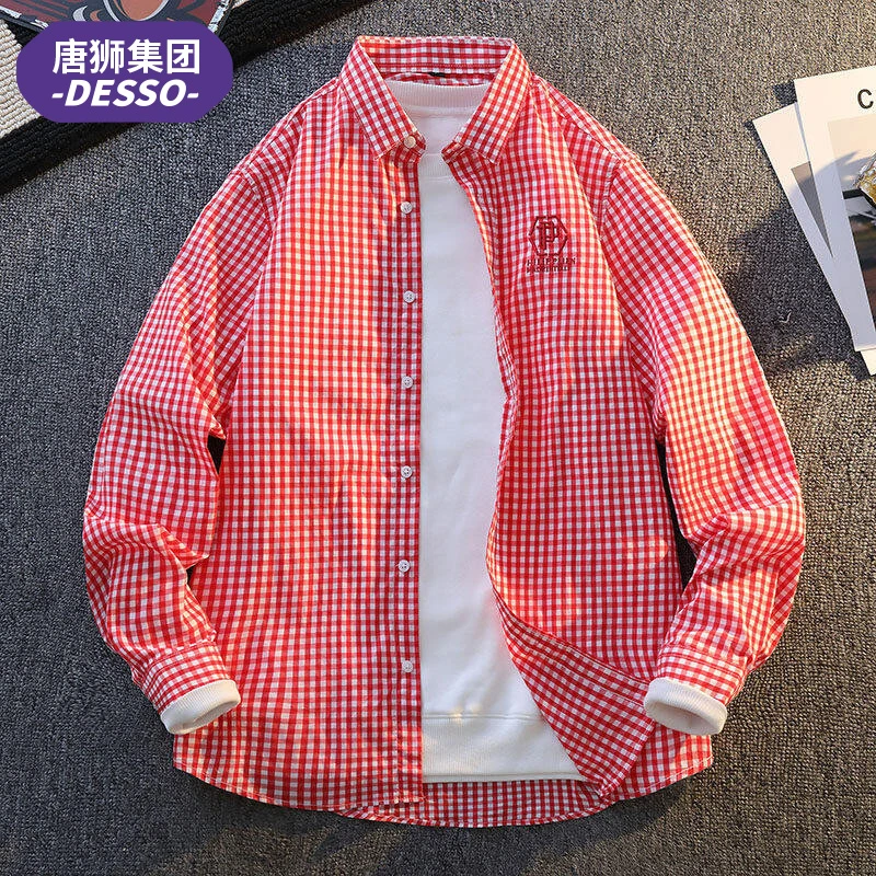 唐狮集团DESSO男士春秋格子长袖衬衫复古宽松潮流帅气休闲衬衣男