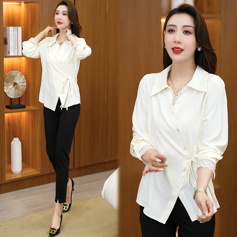 时尚蕾丝衬衫女2025春季新款穿搭假两件不规则绑带衬衣8611