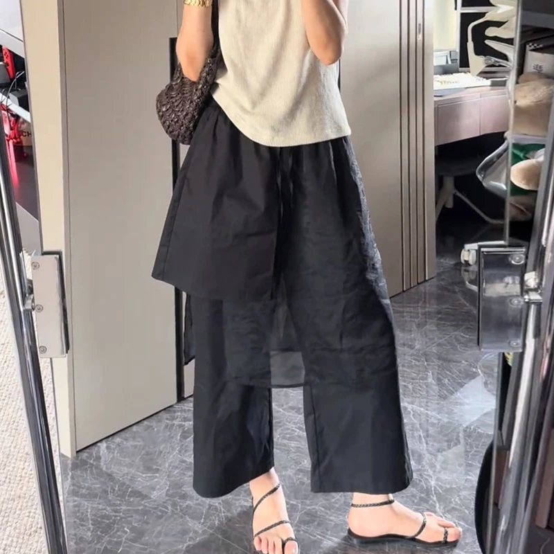 设计感黑色网纱拼接八分裤女夏季新款宽松遮肉显瘦百搭气质休闲裤