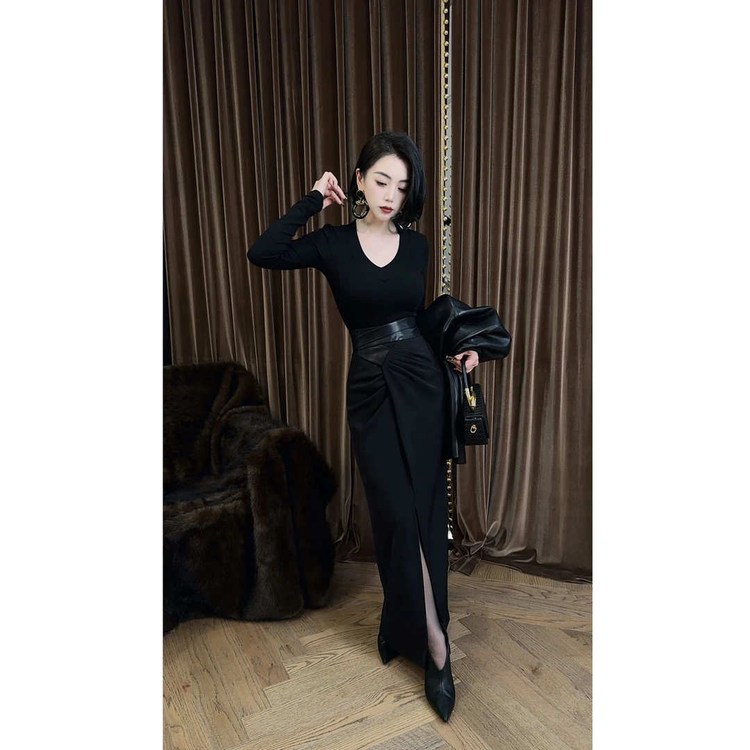 LYXJ【帕特农美学】高级tr拼皮半身裙高腰气质轻奢修身设计感12463