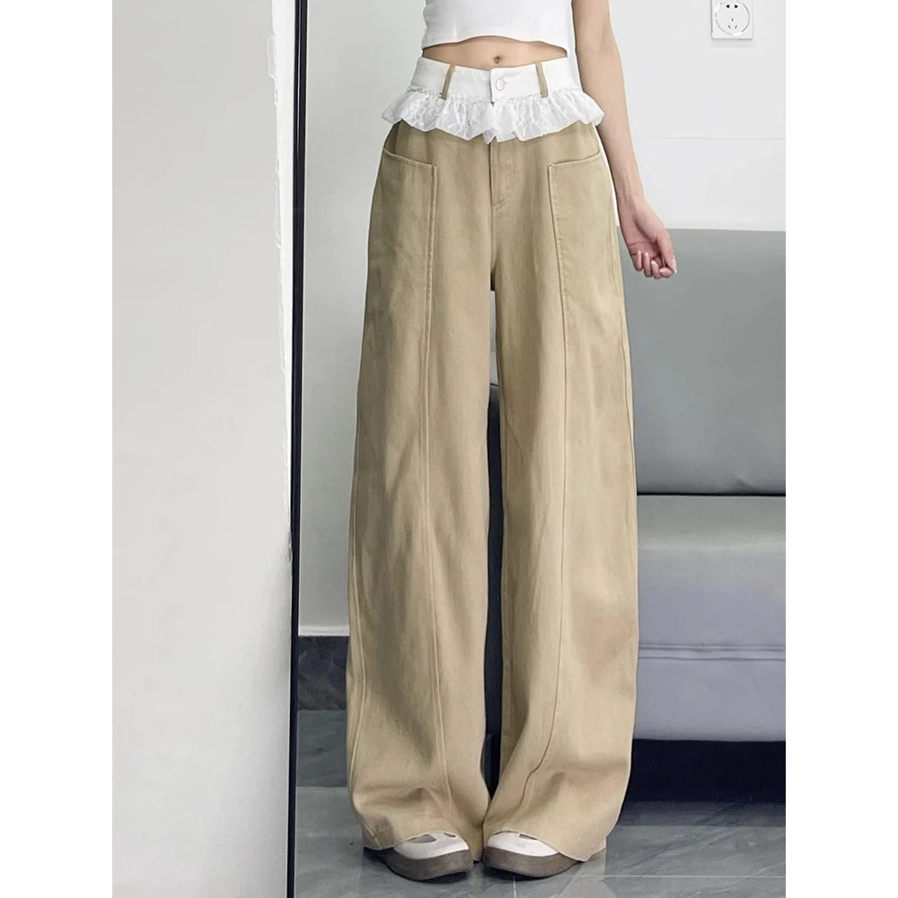 卡其色蕾丝花边直筒牛仔裤女款春夏新款高腰显瘦宽松百搭阔腿裤潮