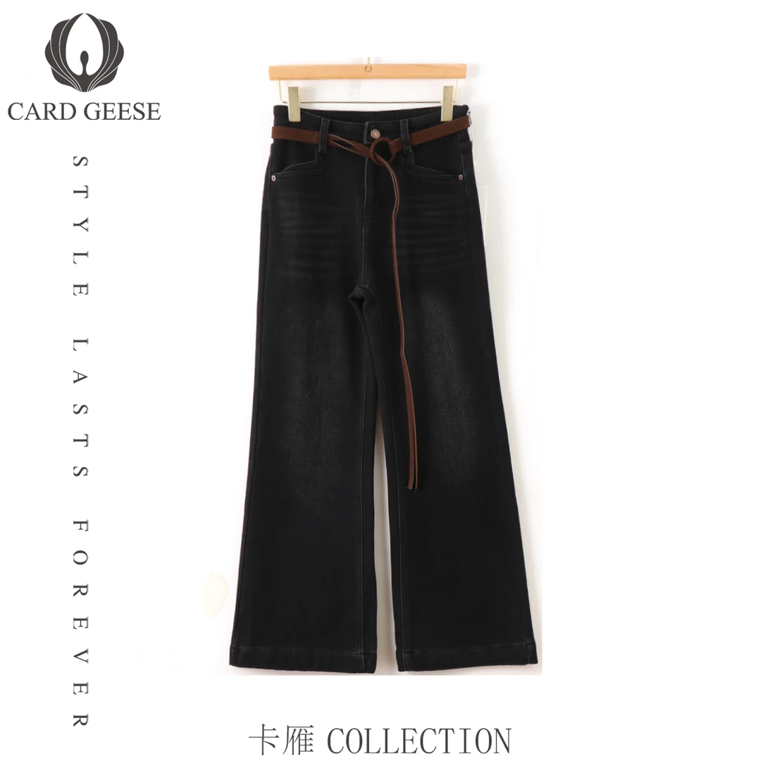 卡雁25新款复古显瘦加绒加厚微喇直筒牛仔裤MYJ2-25S939-W1753