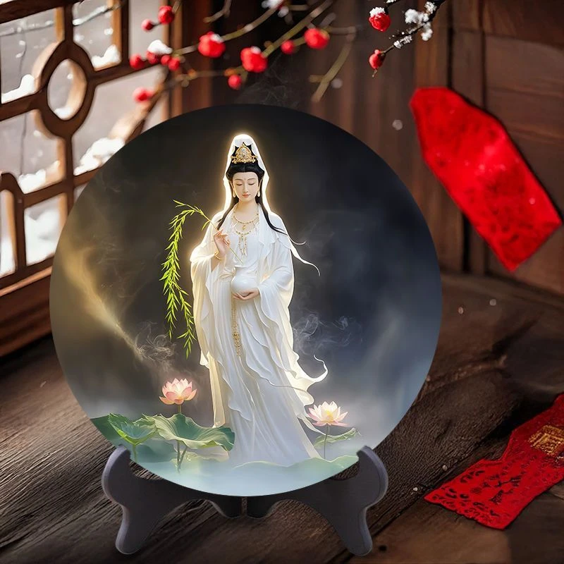 创意观音菩萨禅意新中式家用工艺品彩绘手工雕塑神像摆件 木材质