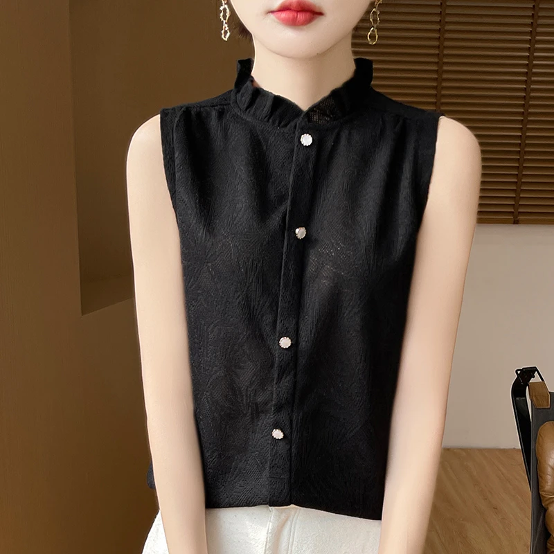 浮雕镂空黑色无袖打底衫女春季新款宽松百搭花边立领针织衫上衣