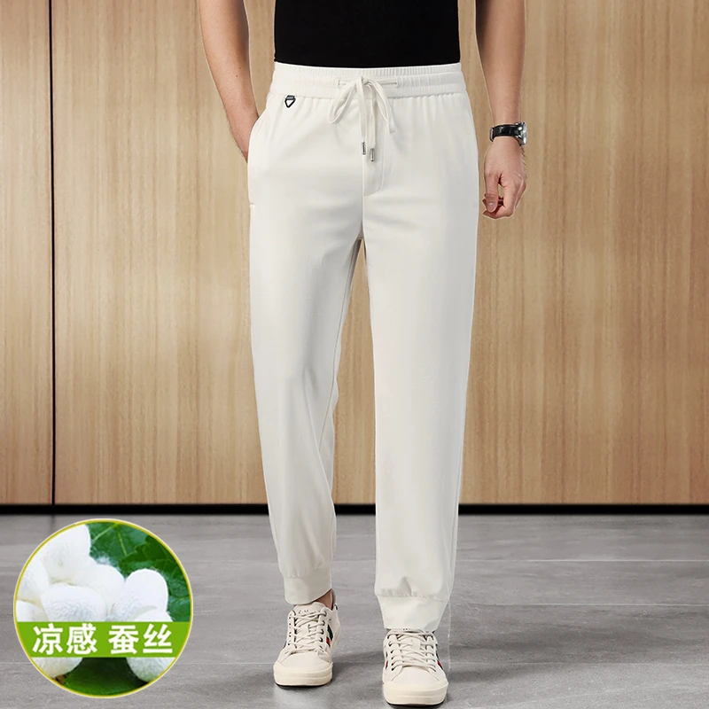 高品质桑蚕丝夏季超薄男士束脚运动裤男垂感透气白色速干小脚裤子