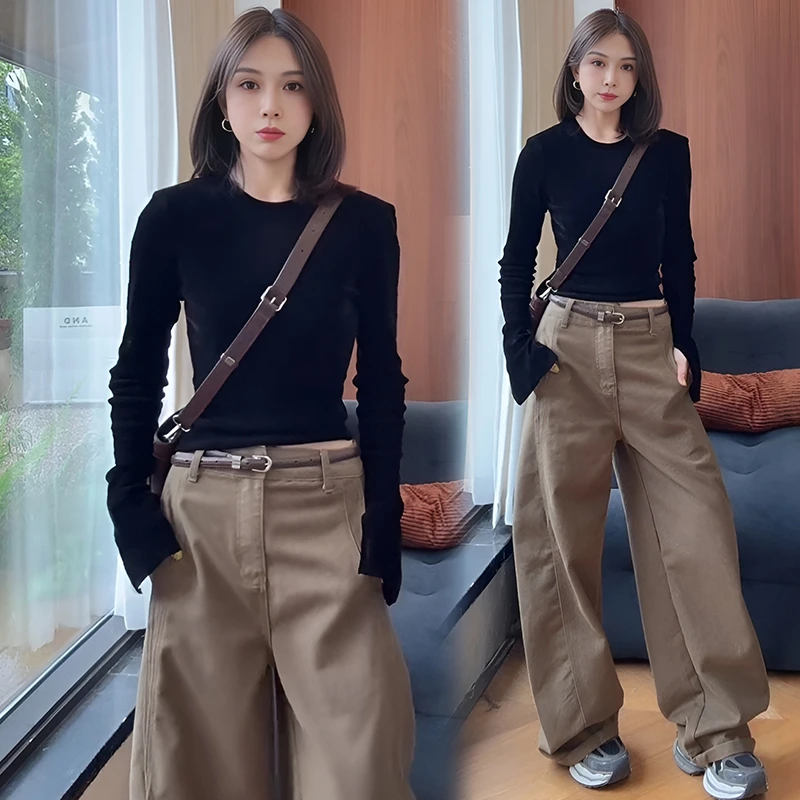 官图 休闲百搭气质套装春秋新款简约百搭长袖t恤工装阔腿裤两件套