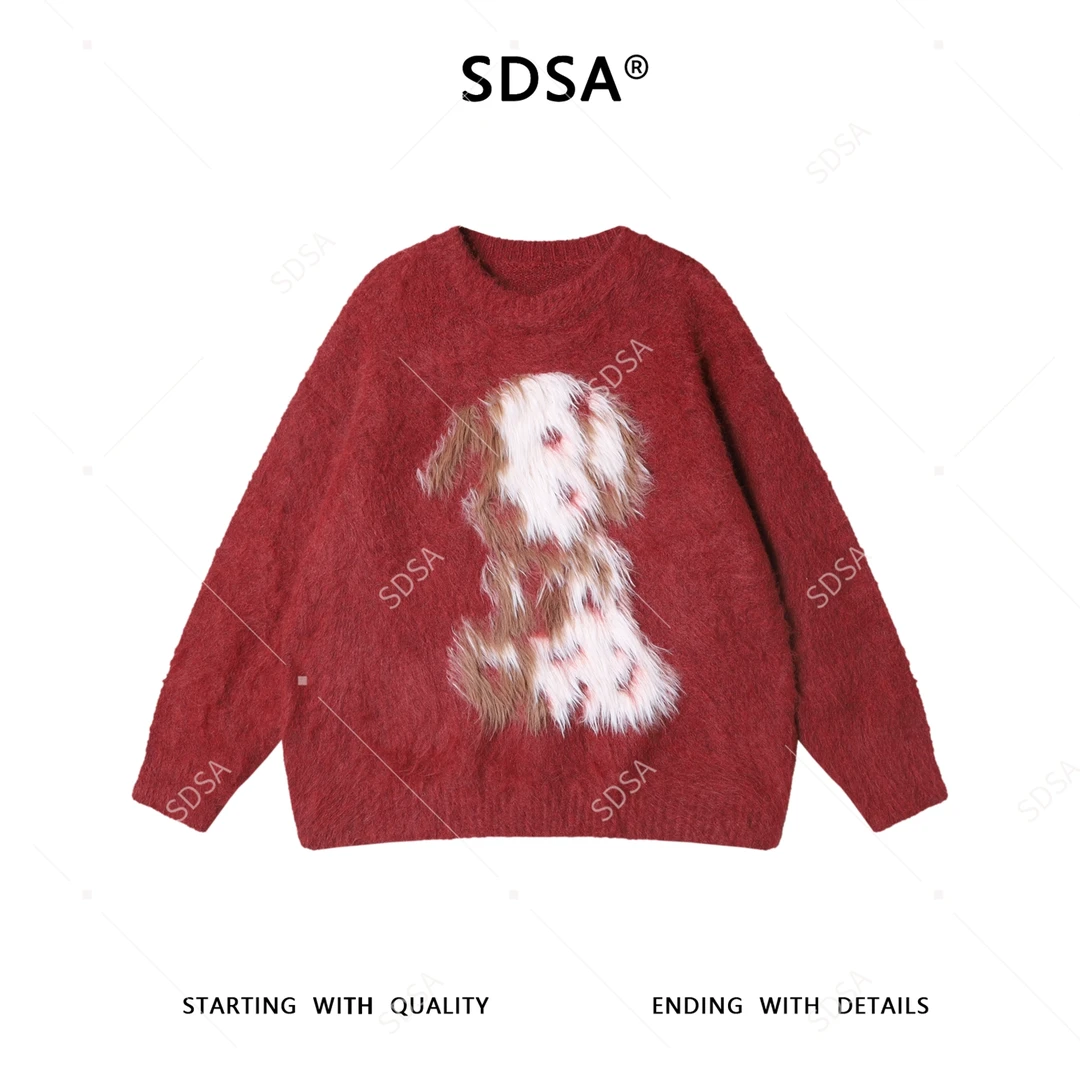 SDSA男士秋冬新款痞帅男装慵懒风撞色小狗图案圆领毛衣百搭时尚