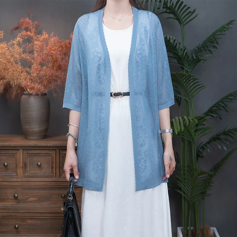 2025新款夏季透气薄款镂空花边中袖宽松开衫2506-129