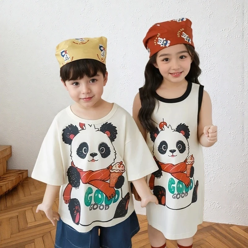 姐弟装夏季大熊猫印花圆领短袖T恤儿童女宝清凉裙