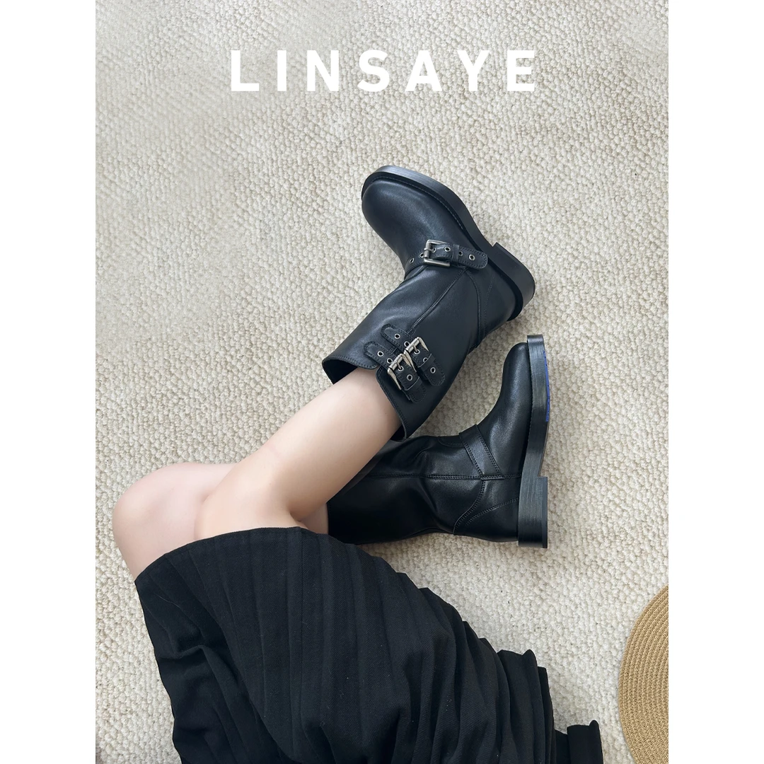 爱丁堡夜影 | 小牛皮显瘦搭扣短靴女厚底2025秋新款瘦瘦靴马丁靴