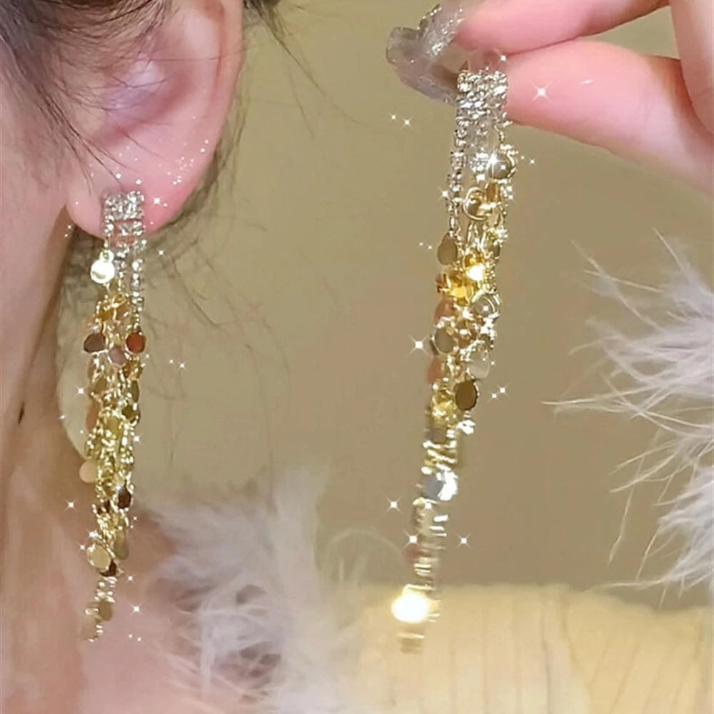 闪钻亮片流苏耳环女轻奢感长款夸张气质耳钉耳饰