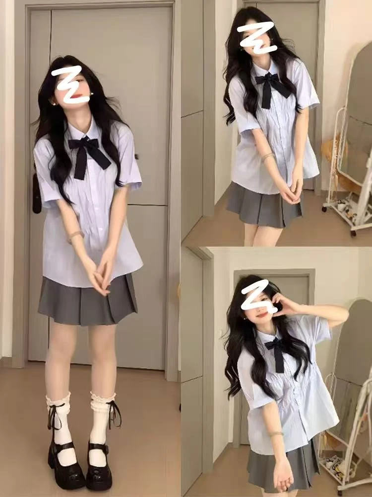 韩版气质学院风减龄设计感褶皱短袖衬衫高腰半身裙显瘦两件套穿搭