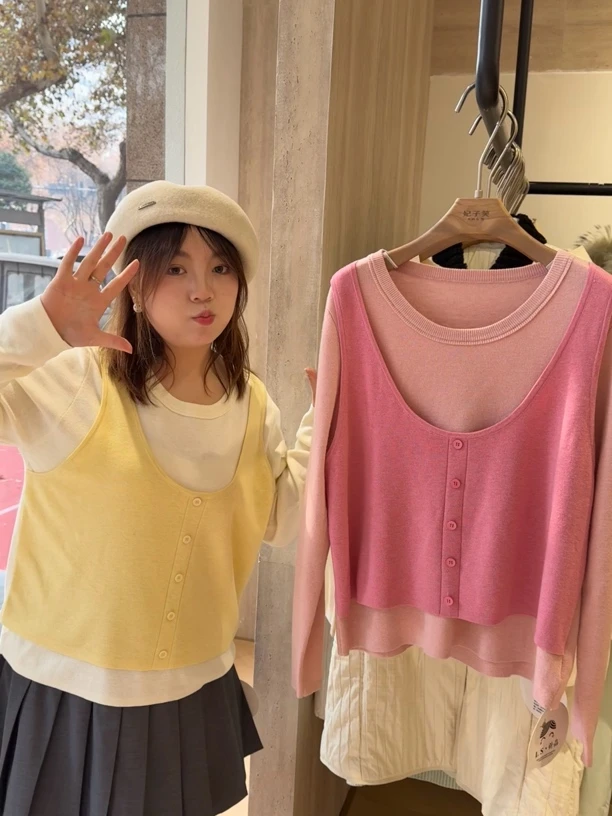 假两件款春季女圆领针织衫小众宽松打底外穿女装显瘦