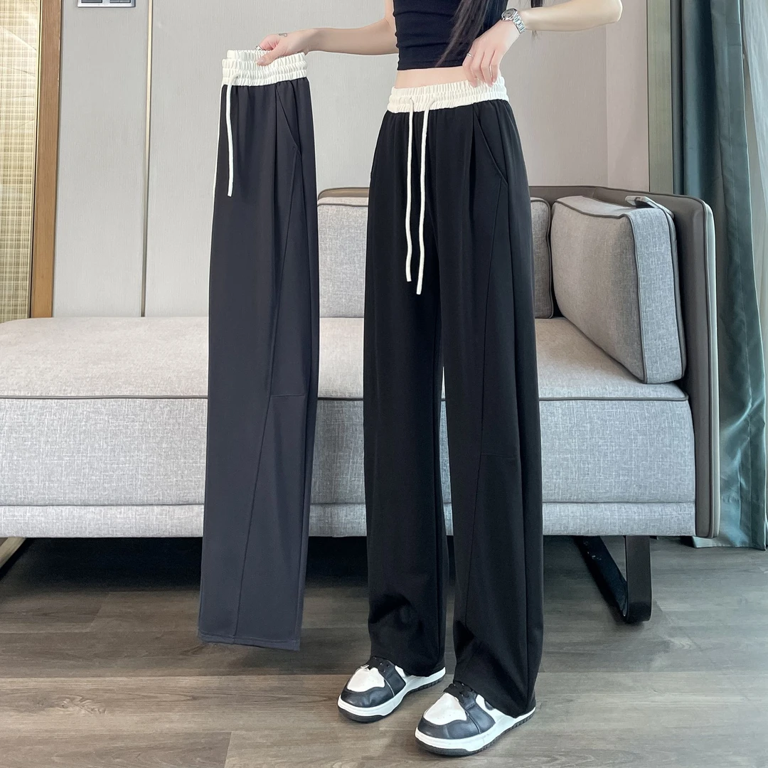 窄版阔腿裤子女夏季薄款2025新款高腰宽松休闲直筒撞色冰丝运动裤