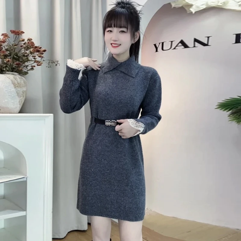洋气别致收腰气质蕾丝袖口针织连衣裙女2025新款秋冬小个子毛衣裙