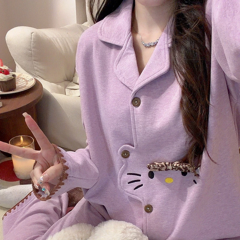 紫色贝壳边kitty睡衣女生绵羊绒秋冬季长袖少女心加厚保暖家居服