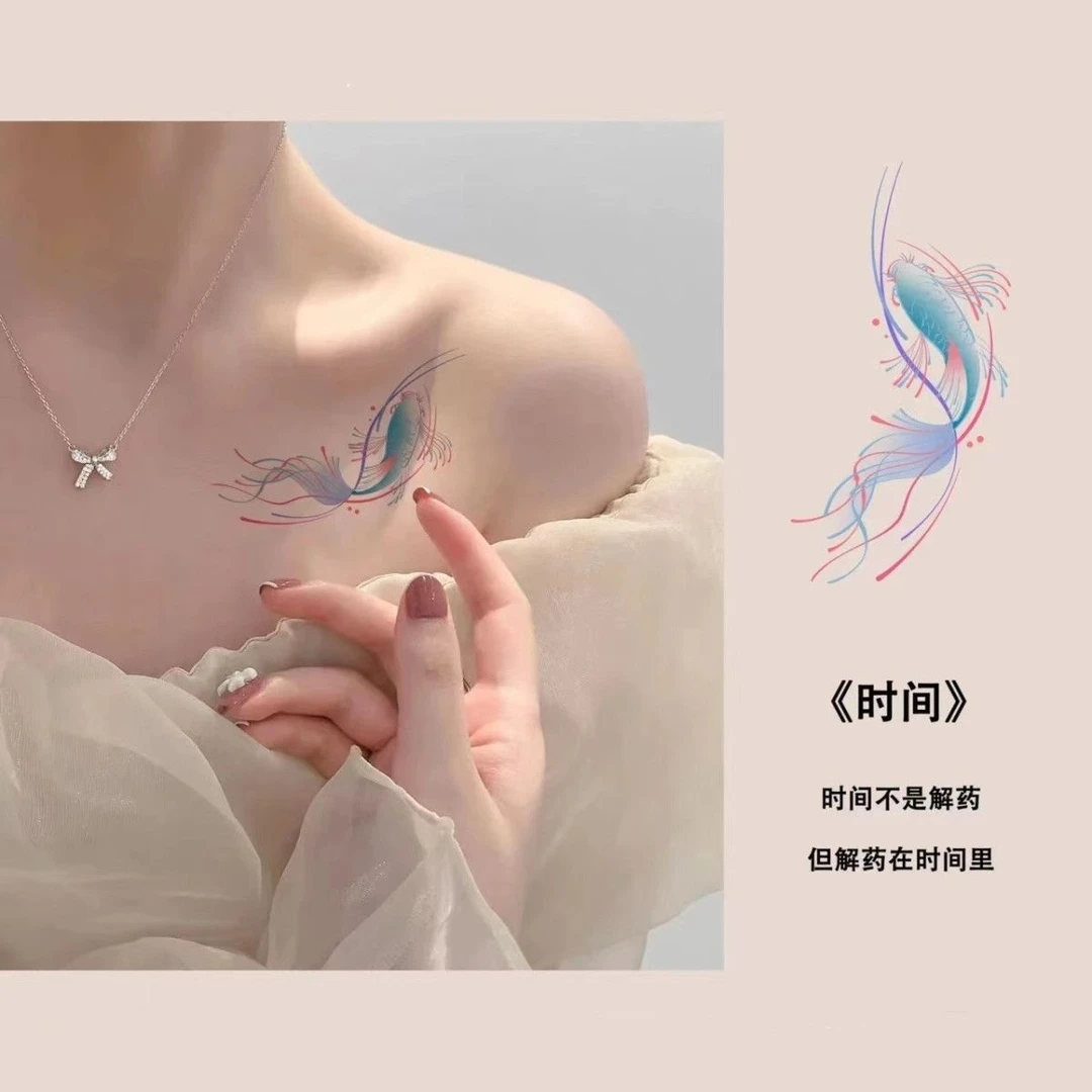 幸运锦鲤金鱼彩色纹身贴防水女持久手腕双鱼贴纸国风彩绘