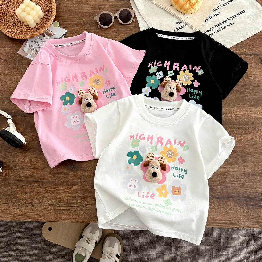 新款女童中大童无感水印100棉立体玩偶韩版时尚百搭短袖卡通T恤