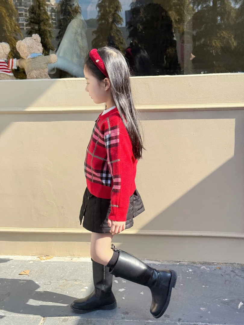 儿童春秋红色正格拉链开衫毛衣