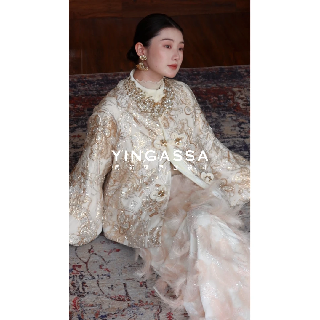 YINGASSA【鹅绒烟花】原创冬款国风金丝绣花泡泡袖羽绒服/羽毛半裙