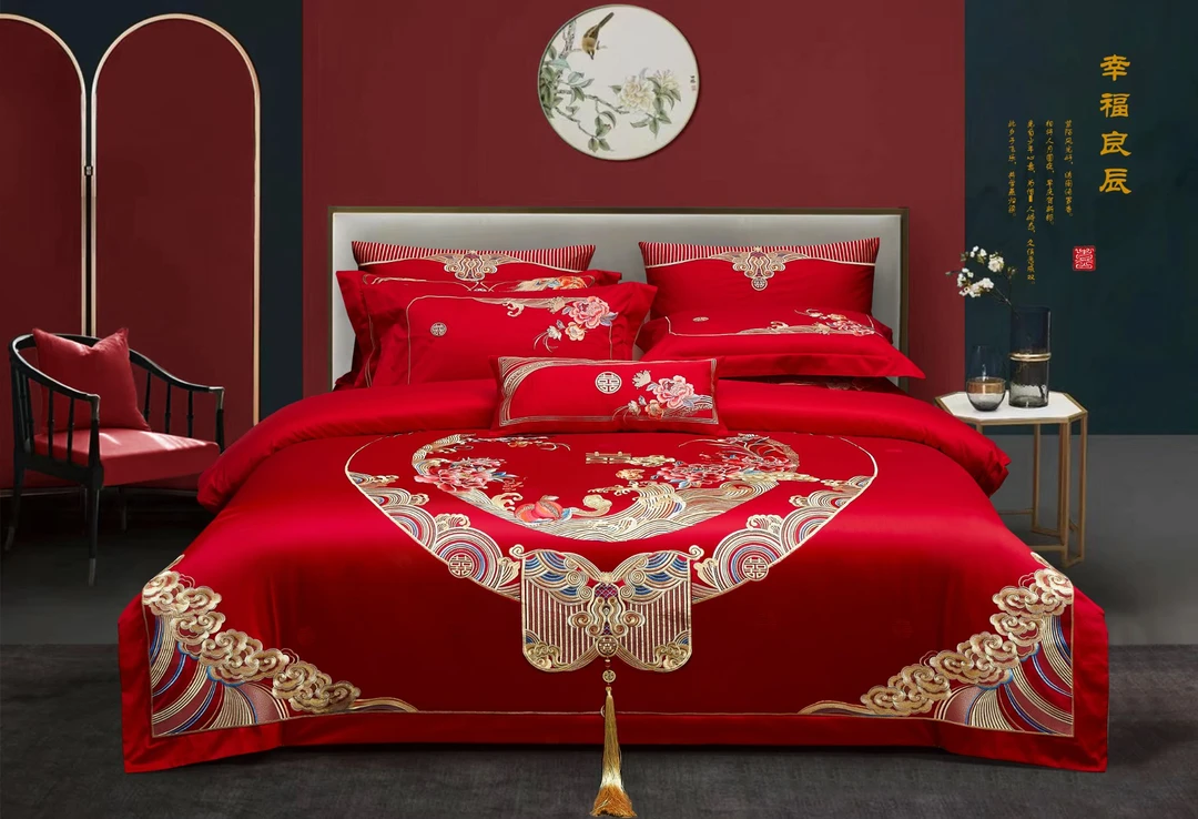 200支纯棉匹马棉提花大红色牡丹绣花花卉婚庆结婚套件喜被四件套