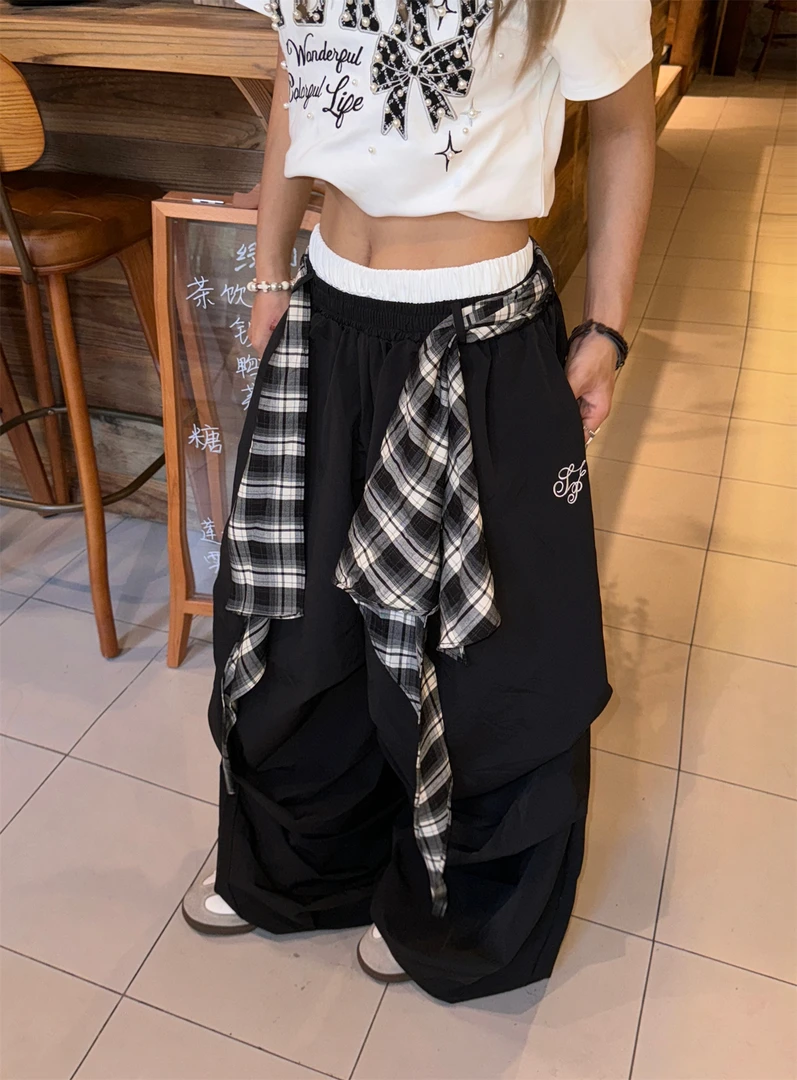 美式ins辣妹嘻哈街舞褶皱屁帘格子裤女夏季宽松阔腿叠穿拖地长裤