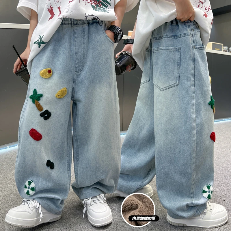 儿童装男童加绒裤子秋冬2025新款加厚保暖冬装男孩牛仔裤中大童潮