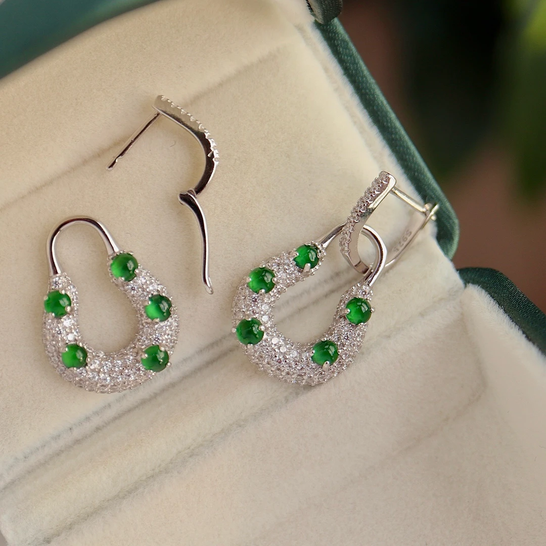 925银耳饰 爆款新款S925银镶嵌天然高冰满绿包包耳环耳扣高品质