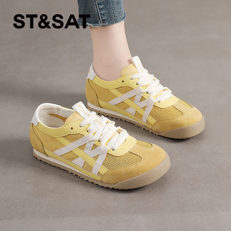 星期六黄色德训鞋女2025夏季新款透气网面鞋平底休闲运动鞋阿甘鞋