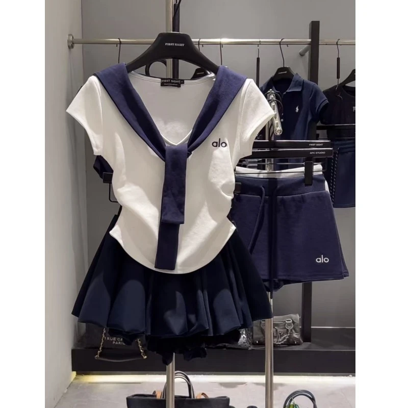 夏季收腰显瘦上衣蓝色V领海军风假两件披肩T恤云朵蓬蓬短裙套装女