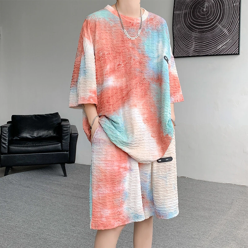 复古扎染T恤套装男夏季休闲运动短袖短裤两件套青年宽松大码男装