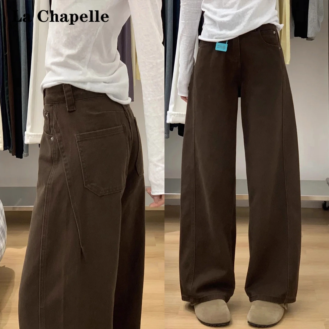 拉夏贝尔咖啡棕色弯刀牛仔裤女冬季2025新款高腰加绒阔腿直筒裤子