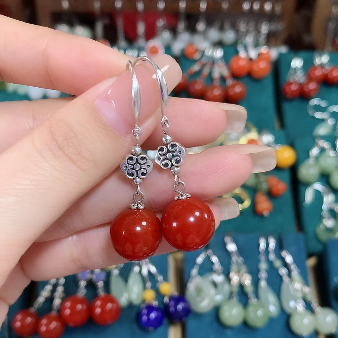 玛瑙/玉髓耳饰银S925镶嵌天然红玛瑙12mm左右（锦红）