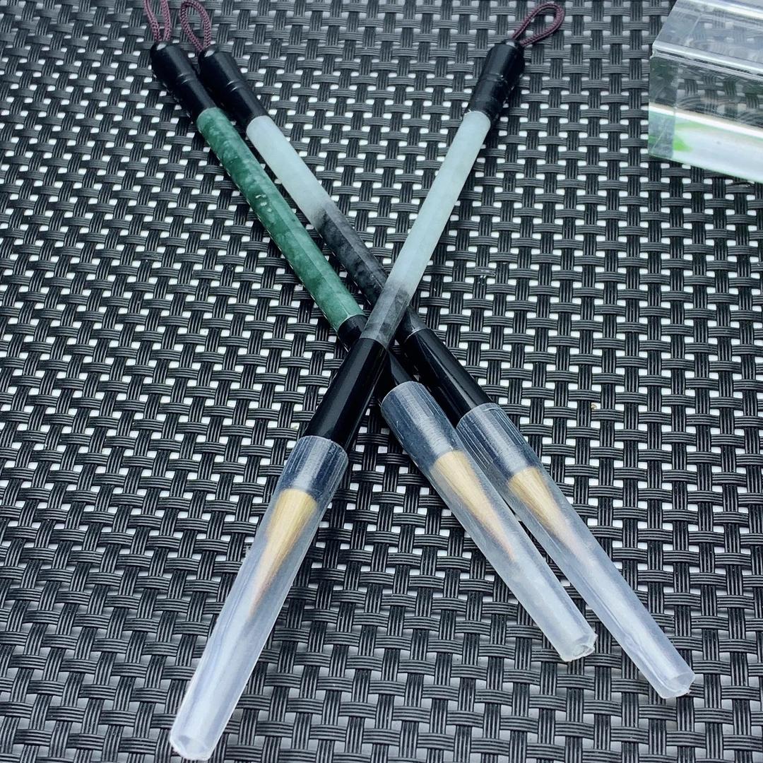 缅甸天然A货翡翠毛笔山水意境乌鸡黑白毛笔小摆件可沾墨配证书