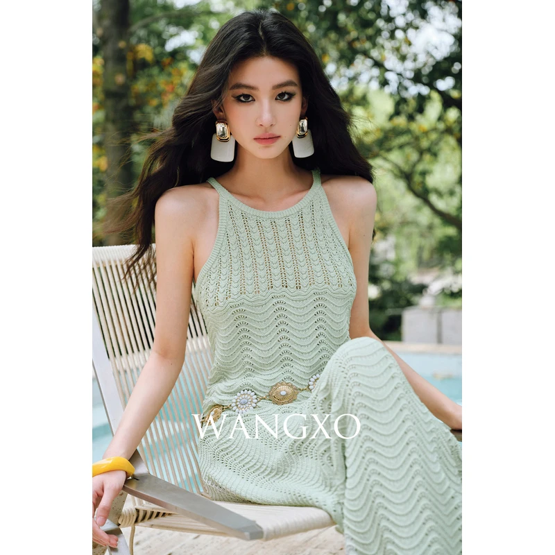 WANGXO法式钩花镂空针织吊带半裙套装 253337W