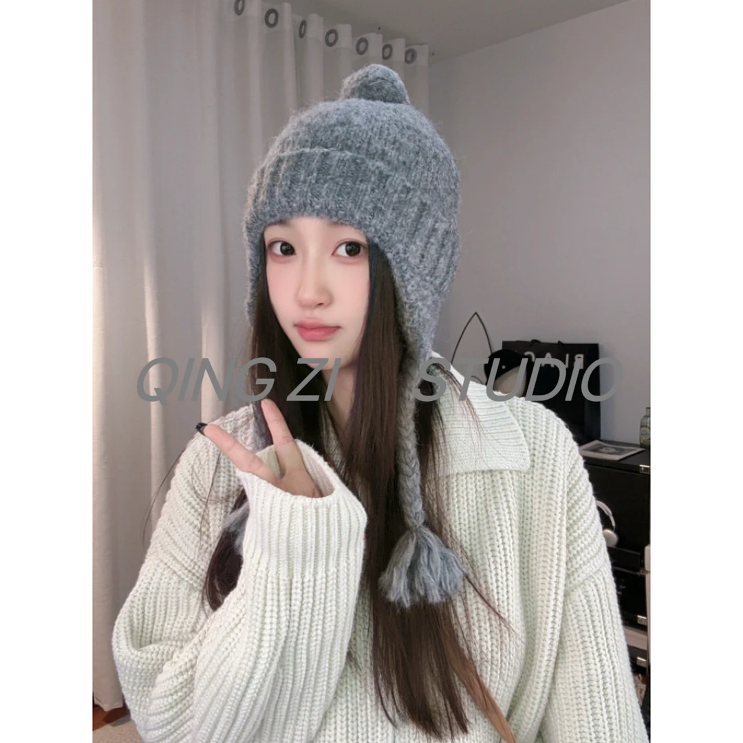 晴子 秋冬miu系羊毛可爱减龄雷锋帽显脸小毛球护耳保暖温柔针织帽