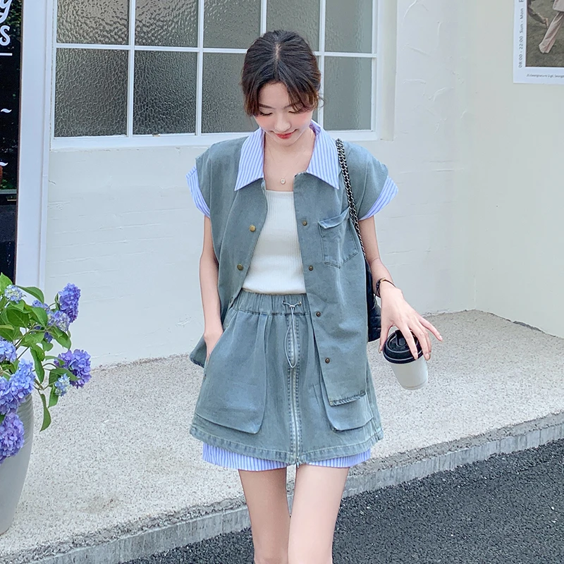 小个子显瘦牛仔上衣+半身裙两件套女2025气质减龄假两件套装